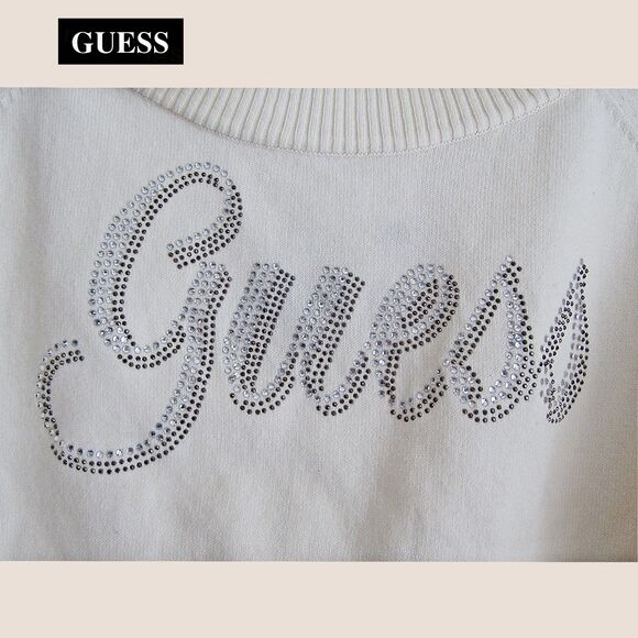 GUESS NEW Old Money Crystals Signature Logo Ribbed Trim Pullover Sweater S - Picture 4 of 12